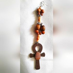 NEW Handcrafted 7" Single Earring! Wood Ankh, Genuine Jasper Stone, Wood & Metal